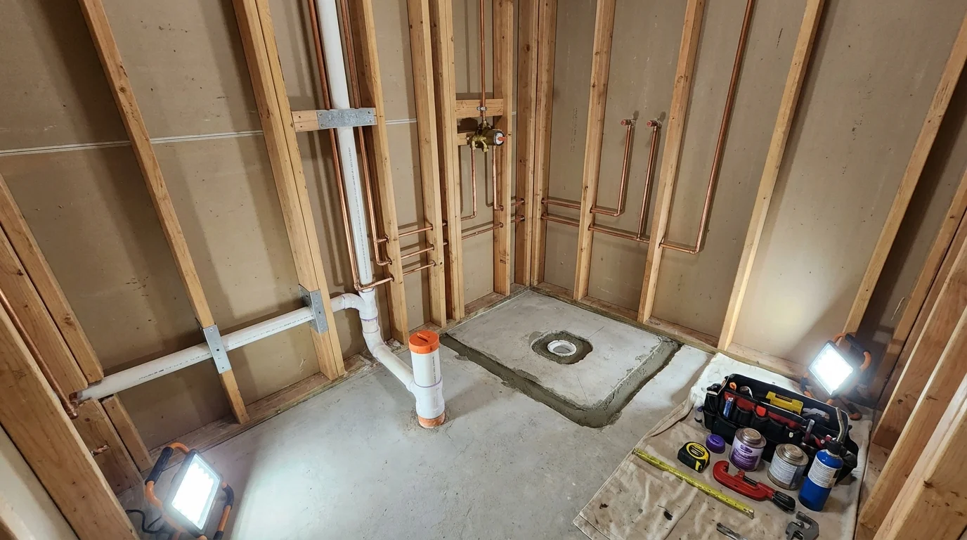 Bathroom rough-in plumbing during remodel by Johns Plumbing LLC in Bargersville