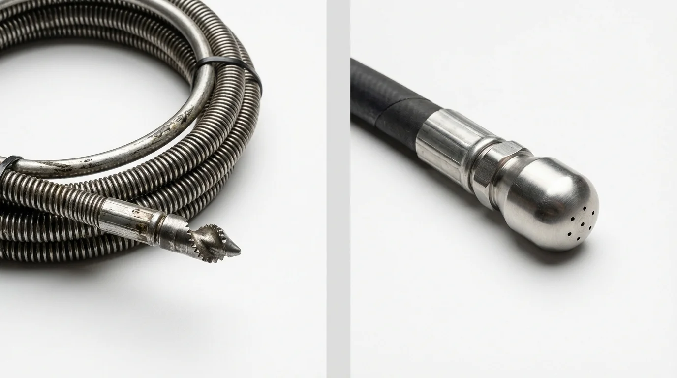 Drain snake cable and hydro jetting nozzle used for drain cleaning in Bargersville, IN