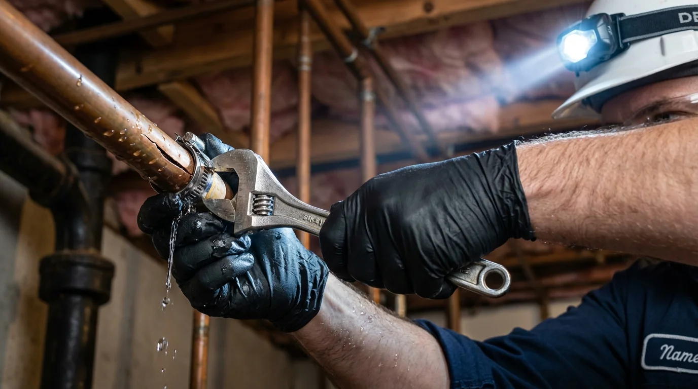 Emergency pipe clamp repair being performed by a Johns Plumbing LLC plumber in Bargersville