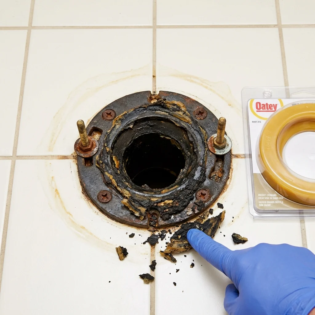 Failed wax ring showing water seepage at the base of a toilet in a Bargersville, IN home