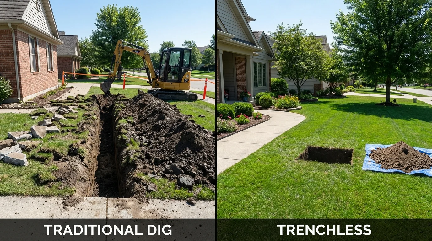 Trenchless sewer repair with minimal yard damage versus traditional excavation in Bargersville, IN