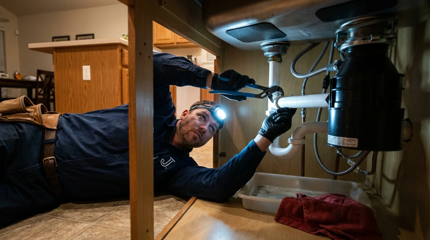 P-trap and supply line connections under a kitchen sink showing a common leak point in Bargersville, IN